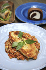 meat sauce rice and chocolate cake