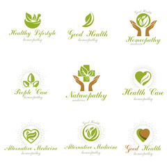 Homeopathy creative symbols collection. Naturopathy conceptual vector emblems created using green leaves, heart shapes, religious crosses and caring hands. - obrazy, fototapety, plakaty