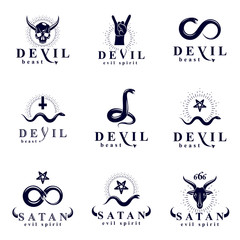 Set of vector demonic infernal mystic logotypes created using poisonous snakes, horned wicked dead head symbols, pagan pentacles and goats with 666 numbers as illustration of Lucifer.