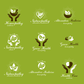 Homeopathy creative symbols collection. Restoring to health conceptual vector emblems created using green leaves, heart shapes, religious crosses and caring hands.