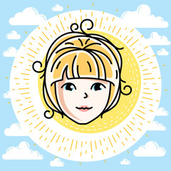 Woman face, human head. Vector character, beautiful blonde female portrait with stylish haircut.