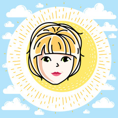 Woman face, human head. Vector character, beautiful blonde female portrait with stylish haircut.