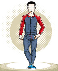Handsome brunet young man standing. Vector illustration of sportsman.  Active and healthy lifestyle theme clipart.