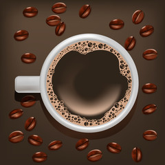 Realistic Detailed Coffee Cup on a Beans Background. Vector