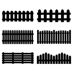 Silhouette Black Fence Icon Set. Vector