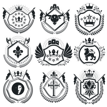 Vintage vector design elements. Retro style labels, heraldry. Classy high quality symbolic illustrations collection, vector set.