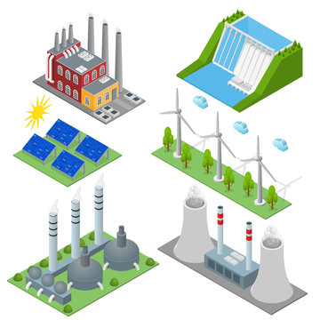 Renewable Resources and Traditional Energy Power Station Set Isometric View. Vector