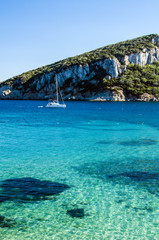 Beautiful turquoise sea of Cala Moresca Beach. Golfo Aranci, Sardinia, Italy
