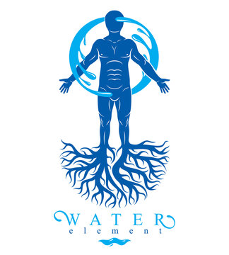Vector graphic illustration of muscular human, individual created with tree roots and surrounded by a water ball. Human water reserves metaphor.