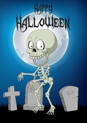 Halloween background with skeleton walking in the cemetery