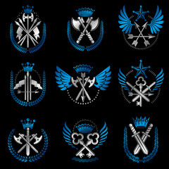 Vintage Weapon Emblems set. Heraldic Coat of Arms, vintage vector emblems collection.