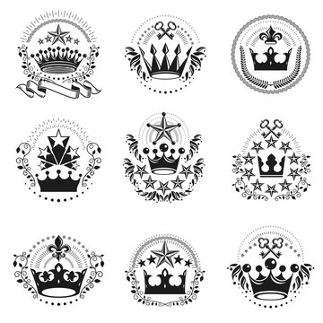 Ancient Crowns emblems set. Heraldic vector design elements collection. Retro style label, heraldry logo.