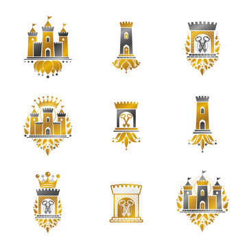 Ancient Fortresses emblems set. Heraldic Coat of Arms, vintage vector logos collection.