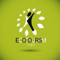 Vector illustration of excited abstract person with raised hands up. Ecotourism conceptual logo. Environmental conservation theme symbol.