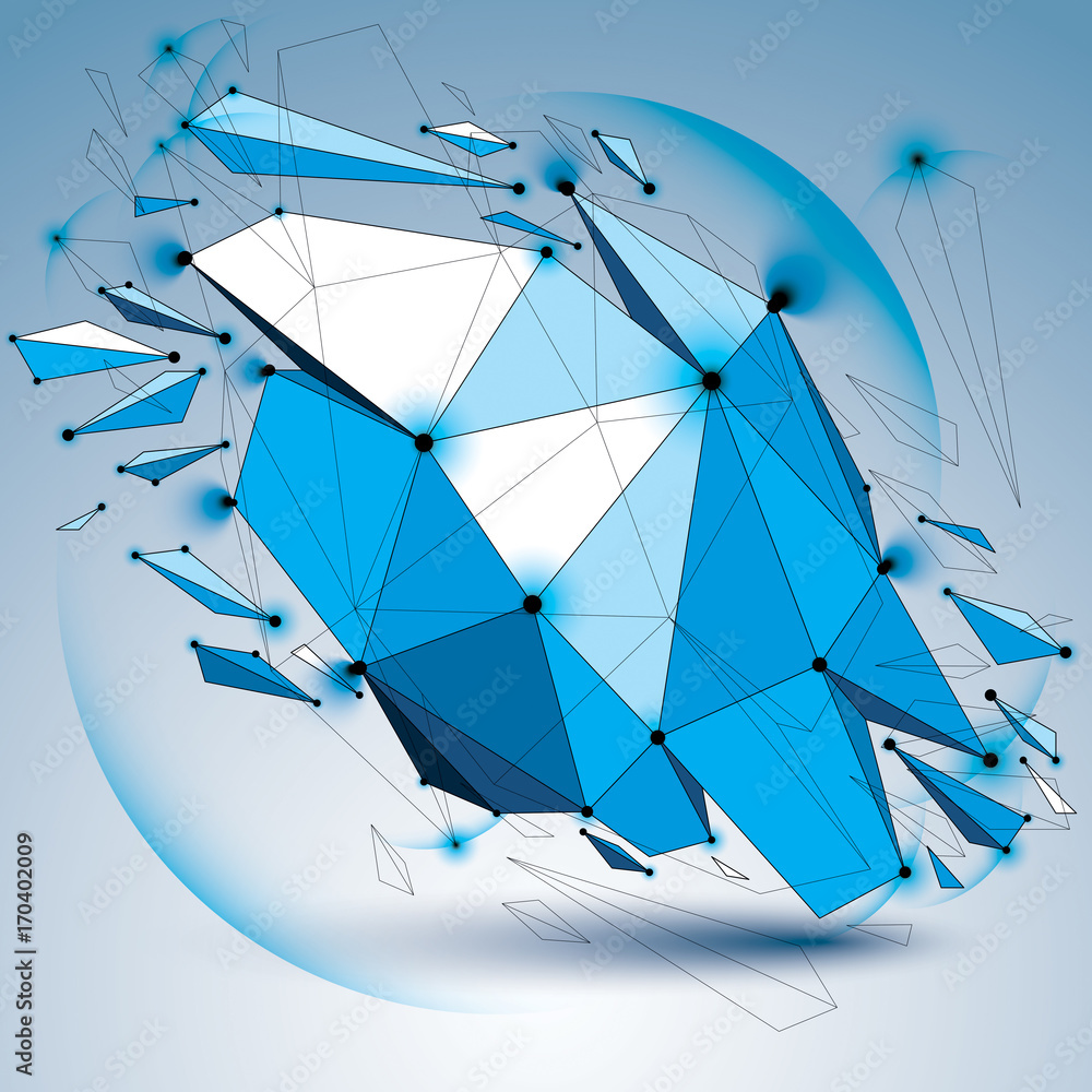 Poster abstract 3d faceted radiance blue figure with connected black lines and dots. vector low poly shatte