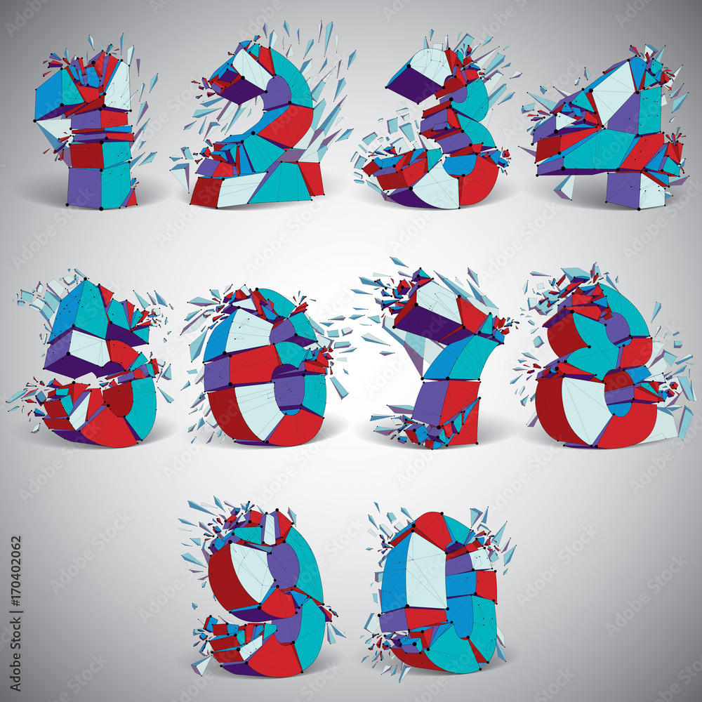 Poster set of 3d vector colorful wireframe numbers broken into different fragments, geometric polygonal num