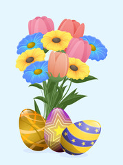 Beautiful Colored Eggs and Festive Spring Flowers