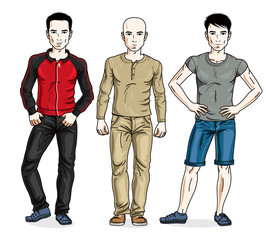 Handsome men standing wearing fashionable casual clothes. Vector different people characters set. Lifestyle theme male characters.