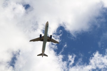 Airplane on blue sky and white clouds background