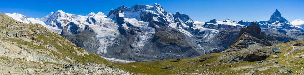 Gornergrat glacier, Monte Rosa, Lyskamm, Breithorn and Matterhorn, Swiss Alps, Switzerland