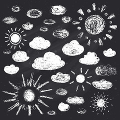 Chalk drawn sun and clouds on chalkboard. Vector illustration. - 170402260