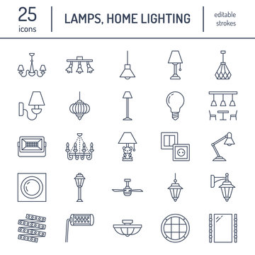 Light fixture, lamps flat line icons. Home and outdoor lighting equipment - chandelier, wall sconce, desk lamp, light bulb, power socket. Vector illustration, signs for electric, interior store.