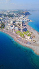 Obraz na płótnie Canvas August 2017: Aerial drone photo of Rodos town peninsula with famous resorts and turquoise clear waters, Rhodes island, Aegean, Dodecanese, Greece