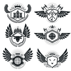 Vintage emblems, vector heraldic designs. Coat of Arms collection, vector set.