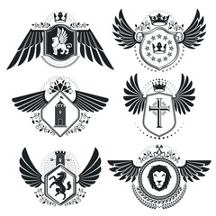 Vector emblems, vintage heraldic designs. Coat of Arms collection, vector set.