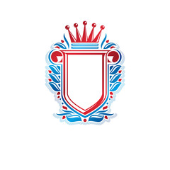 Blank heraldic design with copy space and cartouche, vector vintage protection shield emblem decorated with royal crown and rolled-up ends.