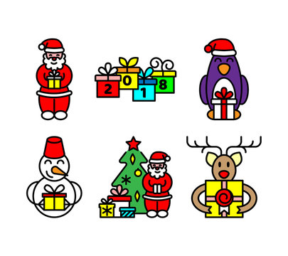 Set of color line icon style pictures. Winter Christmas and New Year holidays characters with gift box. Santa Claus, snowman, penguin, deer, christmas tree. Vector illustration.