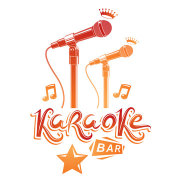 Karaoke bar lettering composed with stage microphone and musical notes, vector illustration. Karaoke bar advertising flyer.