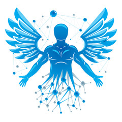 Athletic man vector illustration made with wireframe mesh connections and bird wings. Biotechnology in medicine.