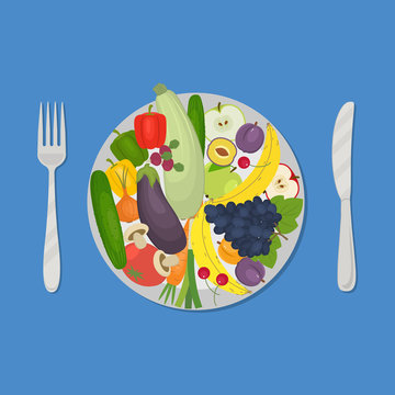 Healthy food. Plate with vegetables and fruits on a blue background. There are carrot, cucumber, tomato, eggplant, zucchini, apple, grapes, cherries and other products in the picture. Vector image.