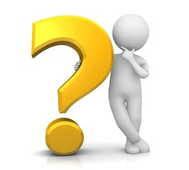 question mark yellow gold 3d interrogation point with thinking asking stick man sign icon isolated on white