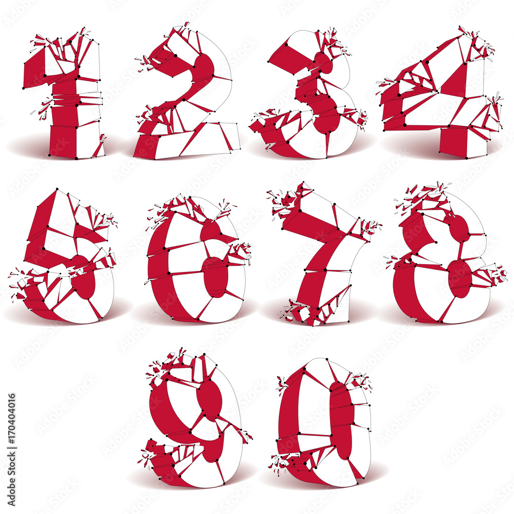 Poster perspective technology demolished red numbers with black lines and dots connected, polygonal wirefra