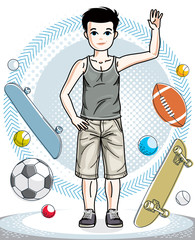 Young teen boy cute nice standing wearing fashionable casual clothes. Vector beautiful human illustration. Childhood lifestyle clip art.
