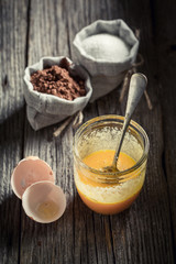 Tasty dessert made of sugar, yolk and cocoa