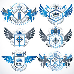 Fototapeta na wymiar Heraldic Coat of Arms created with vintage vector elements, bird wings, animals, towers, crowns and stars. Classy symbolic emblems collection, vector set.