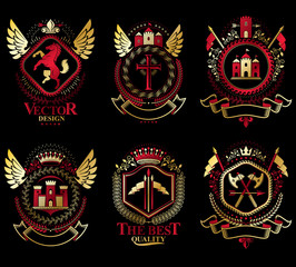 Heraldic Coat of Arms created with vintage vector elements, animals, towers, crowns and stars. Classy symbolic emblems collection, vector set.