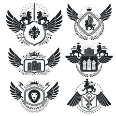 Obraz premium Heraldic emblems isolated vector illustrations. Collection of symbols in vintage style.