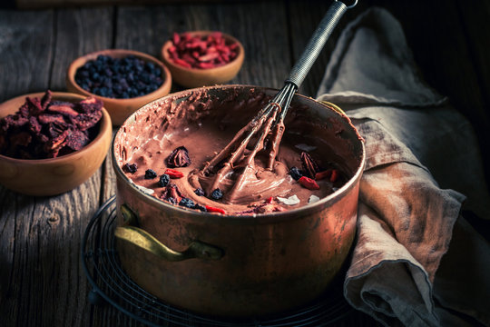Tasty chocolate made of cocoa and various dried fruits