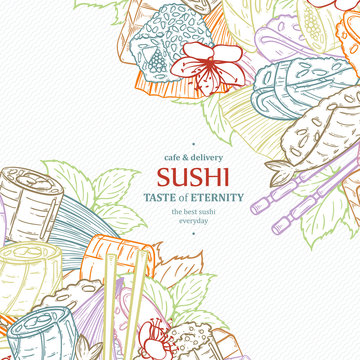 Doodle sushi restaurant menu design template. Engrave asian food frame.