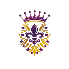 Retro golden vintage Insignia created with lily flower and imperial crown. Vector product quality idea design element, Fleur-De-Lis.