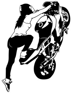 Motorbike Girl On The Rear Wheel - Black and White Illustration, Vector