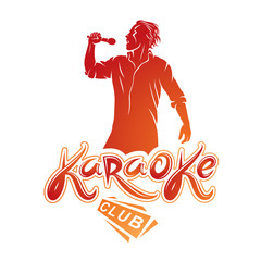Obraz premium Man sings karaoke, karaoke club emcee show advertising vector emblem composed with microphone audio equipment and musical notes.