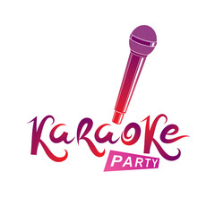 Karaoke party inscription, nightlife entertainment conceptual vector emblem created using microphone audio device.