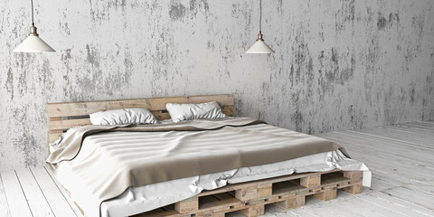 A industrial style bedroom with recycled pallet bed. 3D render.