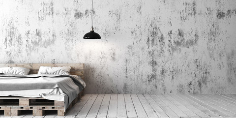 A industrial style bedroom with recycled pallet bed. 3D render.