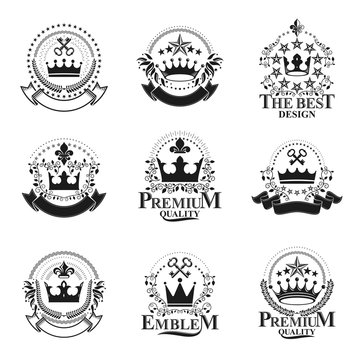 Royal Crowns emblems set. Heraldic vector design elements collection. Retro style label, heraldry logo.